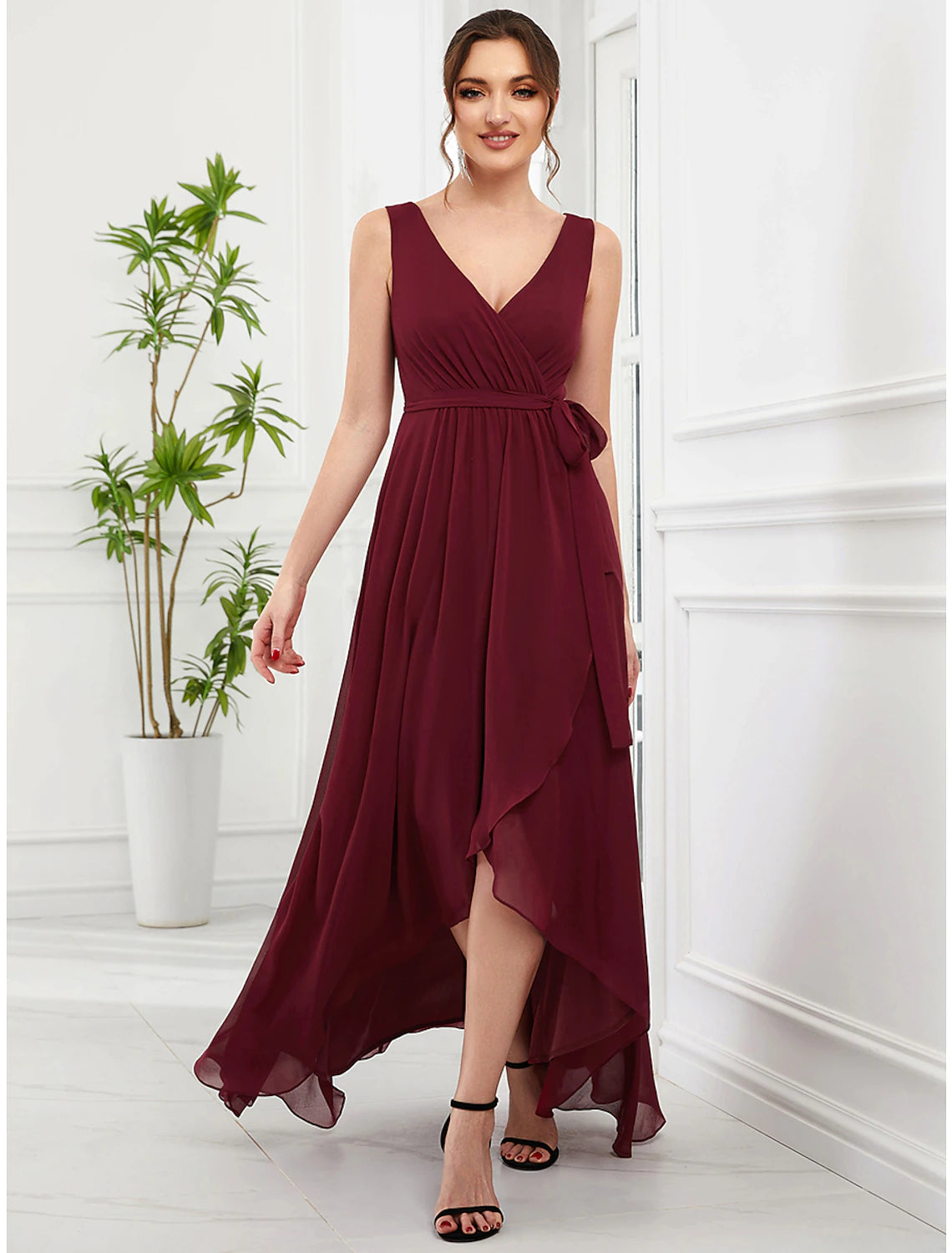 Wholesale A-Line Wedding Guest Dresses Elegant Dress Party Wear Wedding Party Asymmetrical Sleeveless V Neck Bridesmaid Dress Chiffon with Ruffles