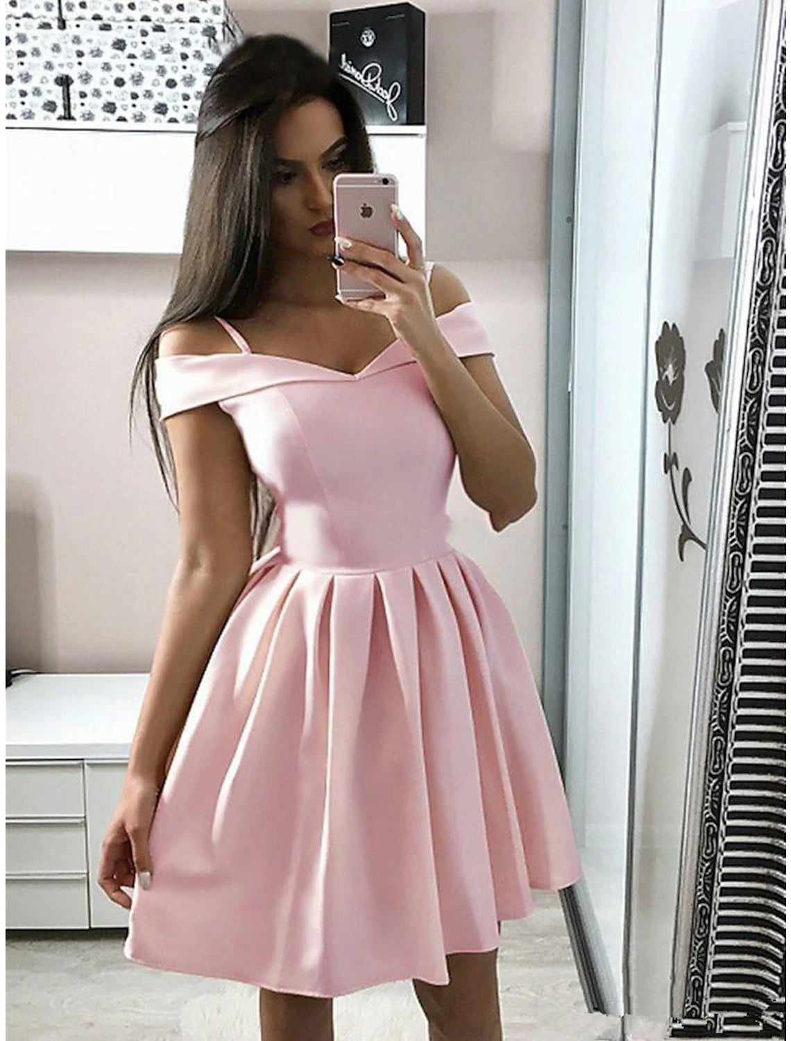 Wholesale A-Line Cocktail Dresses Minimalist Dress Homecoming Party Wear Knee Length Sleeveless V Neck Pink Dress Stretch Fabric with Pleats