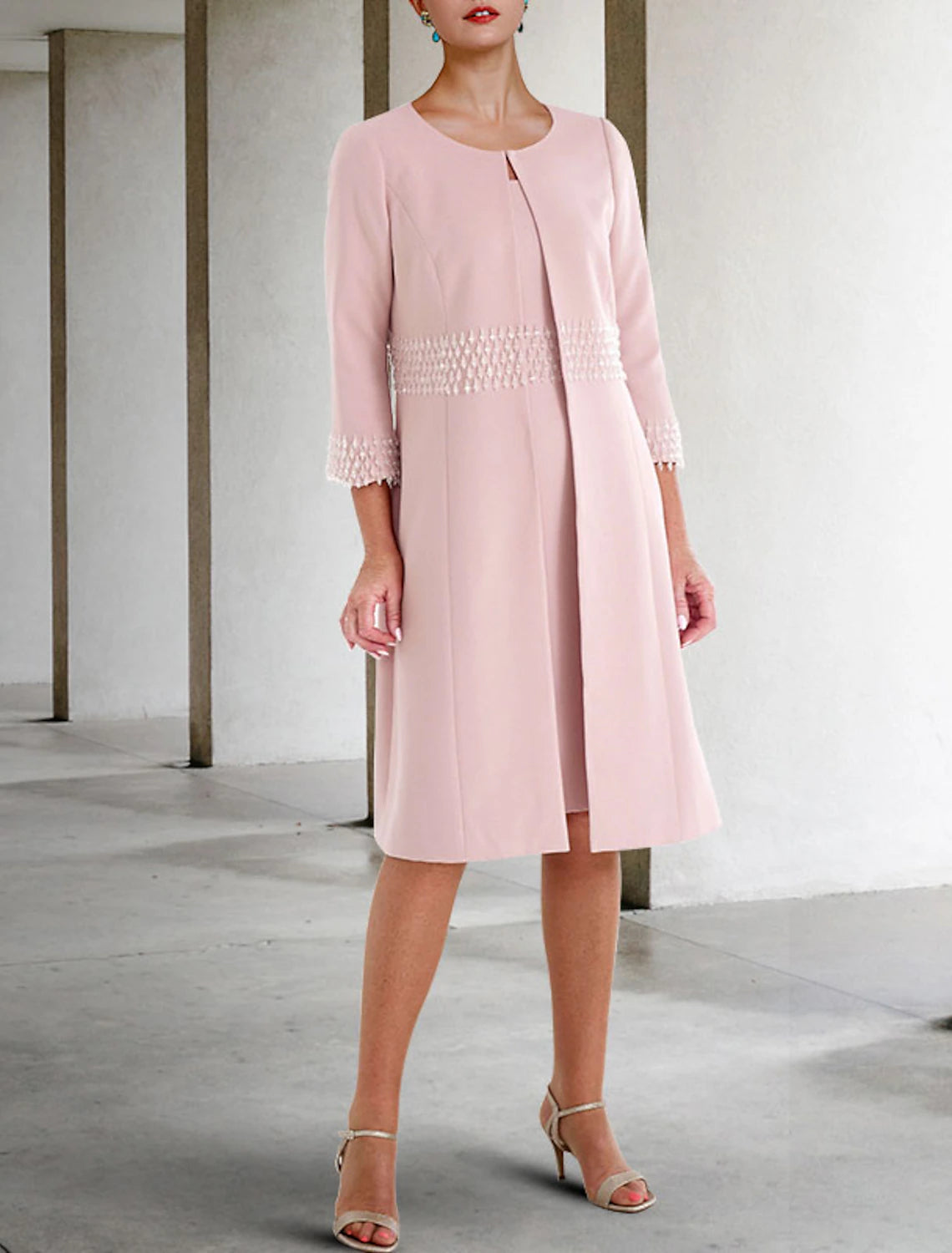 Wholesale  Two Piece Sheath / Column Mother of the Bride Dress Wedding Guest Church Elegant Jewel Neck Knee Length Stretch Fabric Short Sleeve Jacket Dresses with Beading Fall