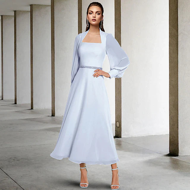 Wholesale Two Piece A-Line Mother of the Bride Dress Church Elegant Square Neck Tea Length Chiffon Short Sleeve Wrap Included with Sash / Ribbon