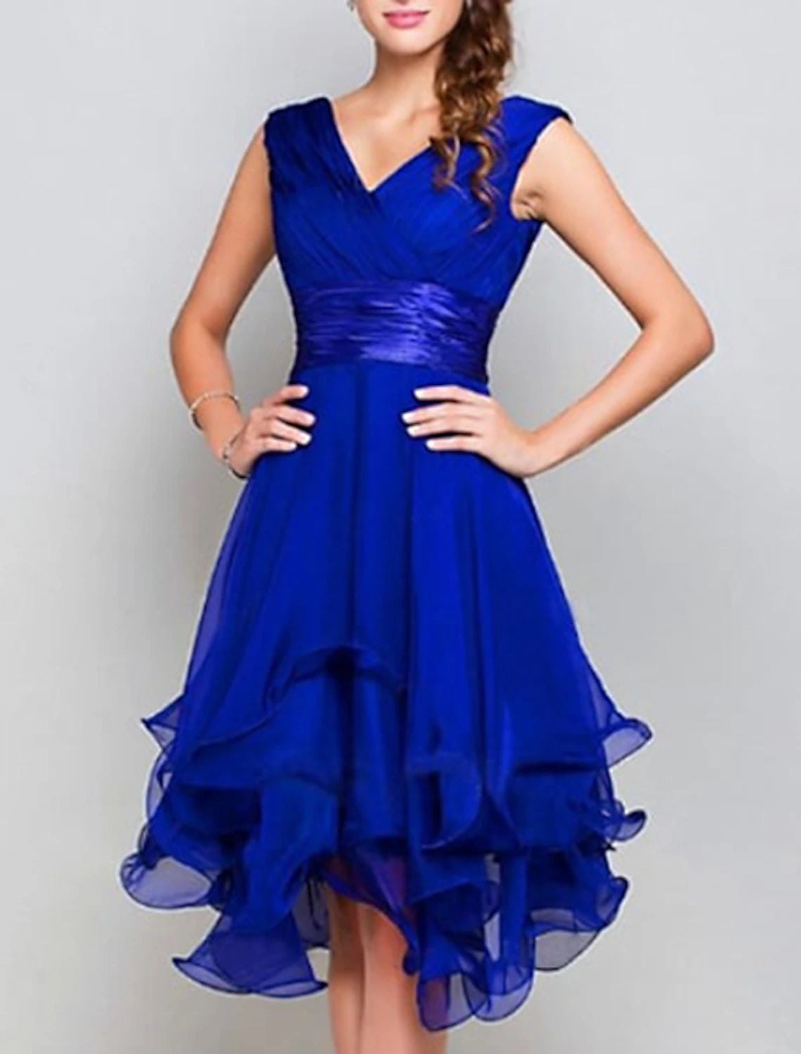 Wholesale A-Line Wedding Guest Dresses Party Dress Homecoming Asymmetrical Sleeveless V Neck Chiffon with Ruched Tiered