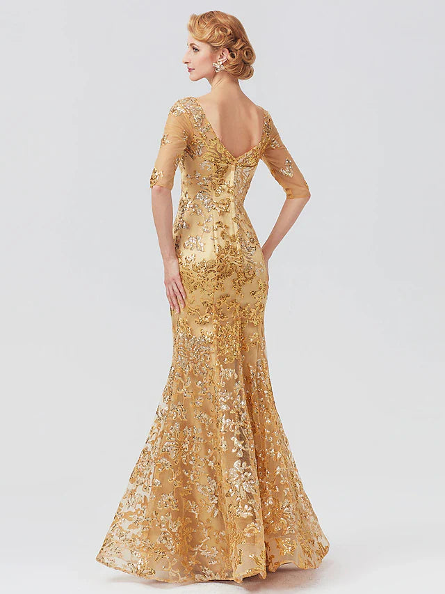 Wholesale Mermaid / Trumpet Mother of the Bride Dress Elegant Sparkle & Shine V Neck Floor Length Tulle Sequined Half Sleeve with Sequin