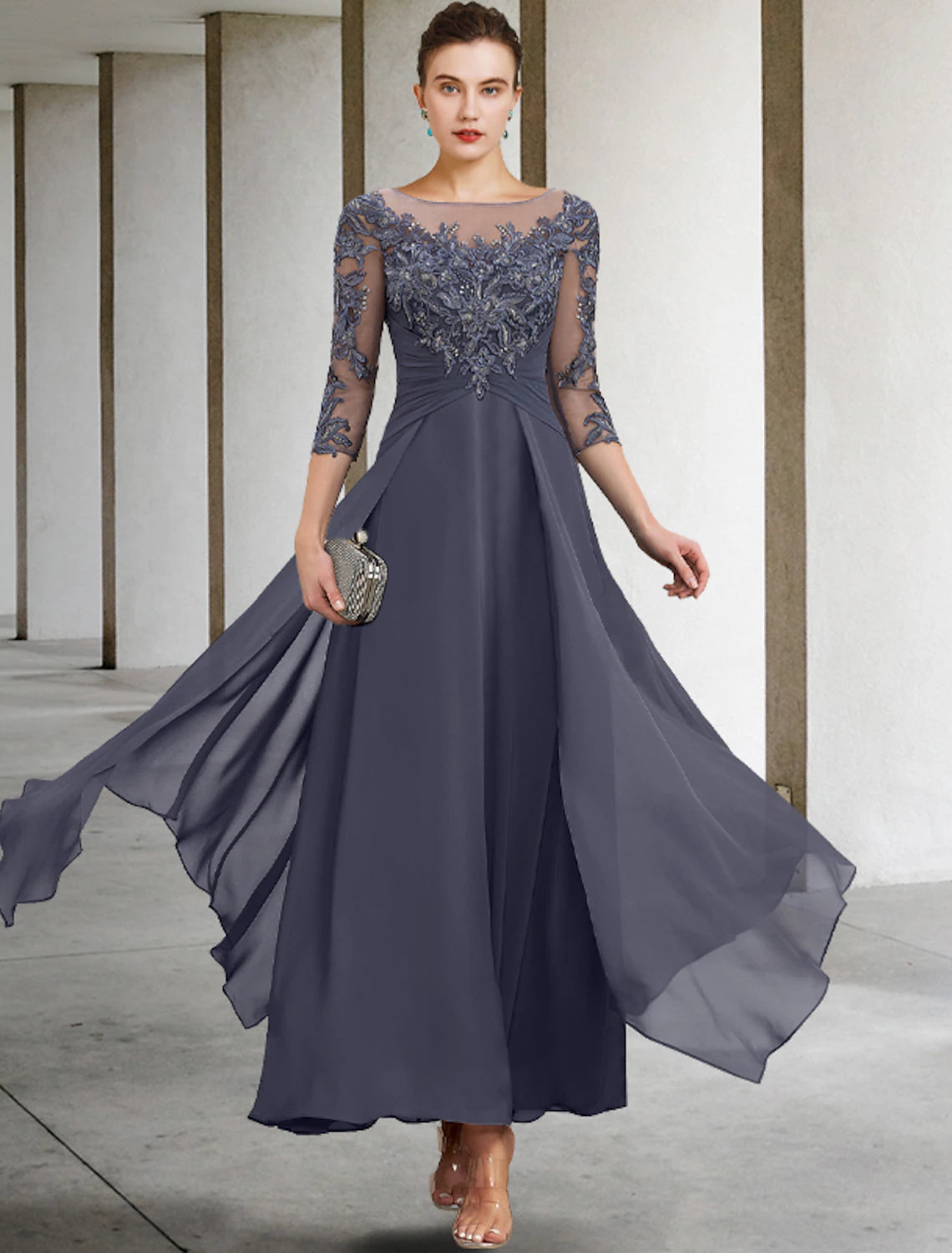 Wholesale  A-Line Mother of the Bride Dress Appliques Fall Wedding Guest Plus Size Elegant Scoop Neck Ankle Length Chiffon Lace Sequin 3/4 Length Sleeve with Ruched