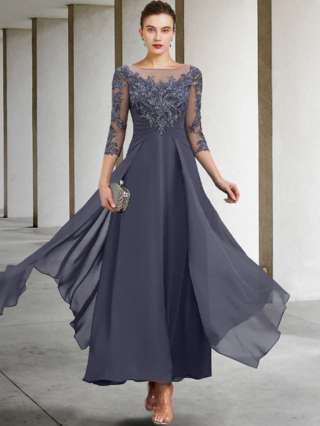 Wholesale A-Line Mother of the Bride Dress Wedding Guest Plus Size Elegant Jewel Neck Ankle Length Chiffon Lace 3/4 Length Sleeve with Ruched Sequin Appliques