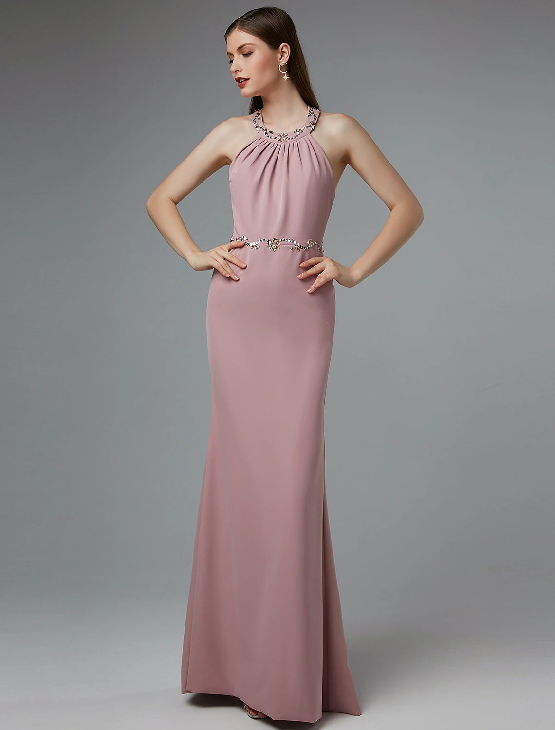 Wholesale  Sheath / Column Beautiful Back Dress Wedding Guest Prom Floor Length Sleeveless Halter Neck Spandex Crisscross Back with Beading