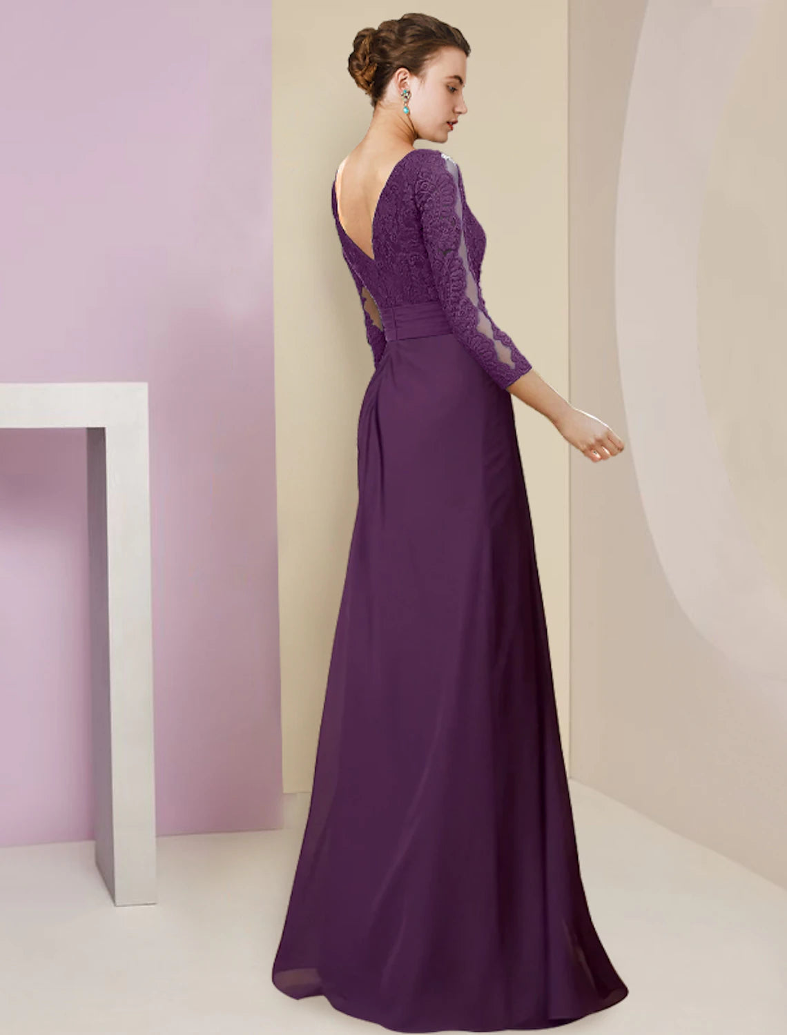 Wholesale  Sheath / Column Mother of the Bride Dress Formal Elegant Scoop Neck Floor Length Chiffon Lace 3/4 Length Sleeve with Appliques Flower