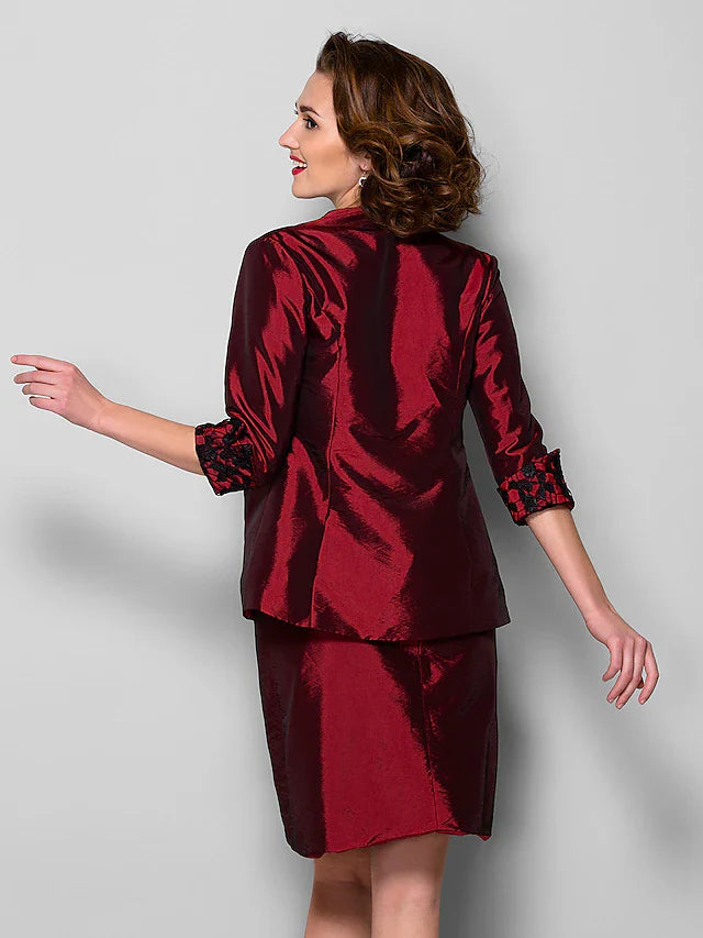 Wholesale Sheath / Column Mother of the Bride Dress Wrap Included Scoop Neck Knee Length Taffeta 3/4 Length Sleeve with Lace Sash / Ribbon