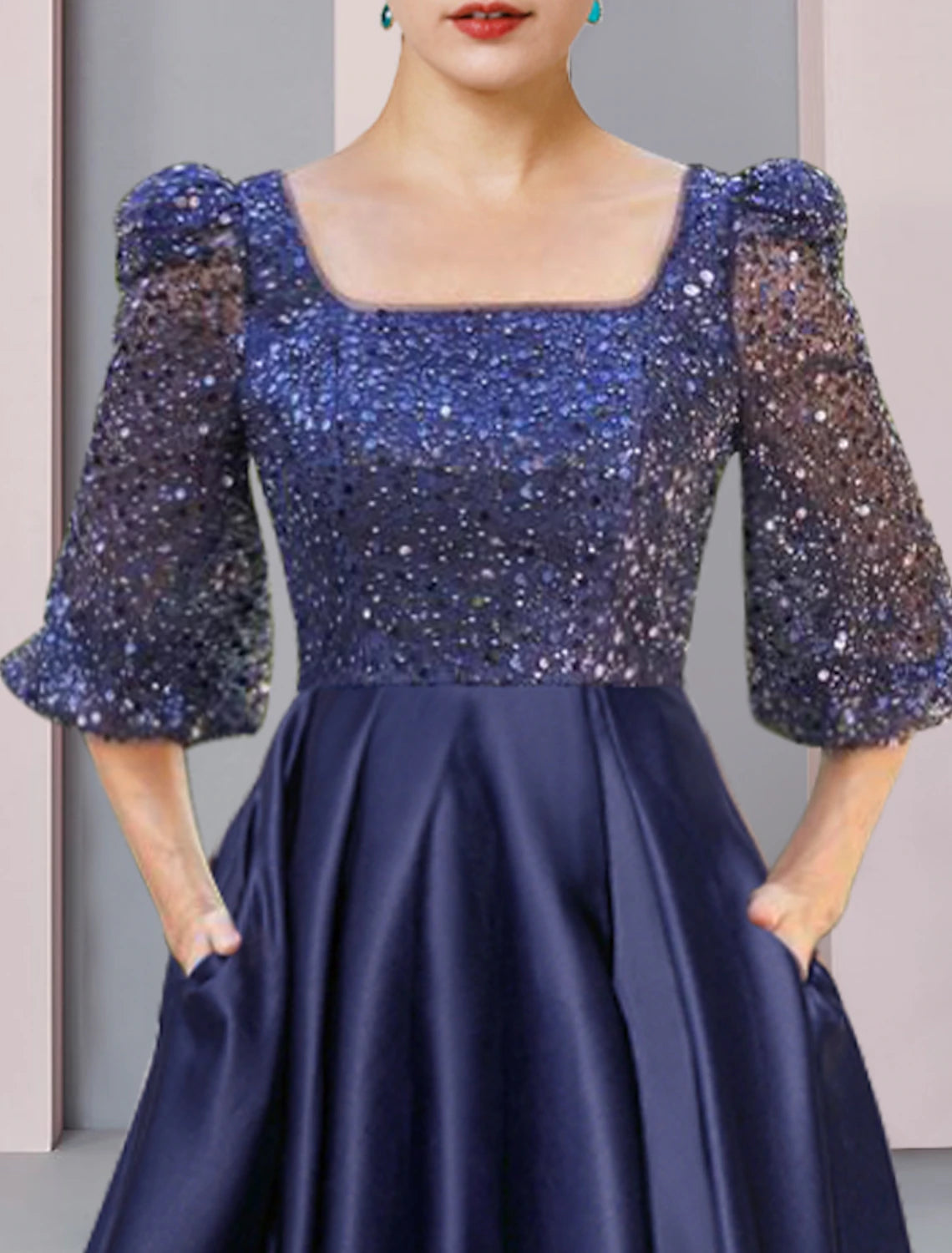 Wholesale  Two Piece Sheath / Column Mother of the Bride Dress Formal Wedding Guest Elegant Sparkle & Shine High Low Square Neck Asymmetrical Tea Length Satin Lace Half Sleeve with Pleats Beading Appliques