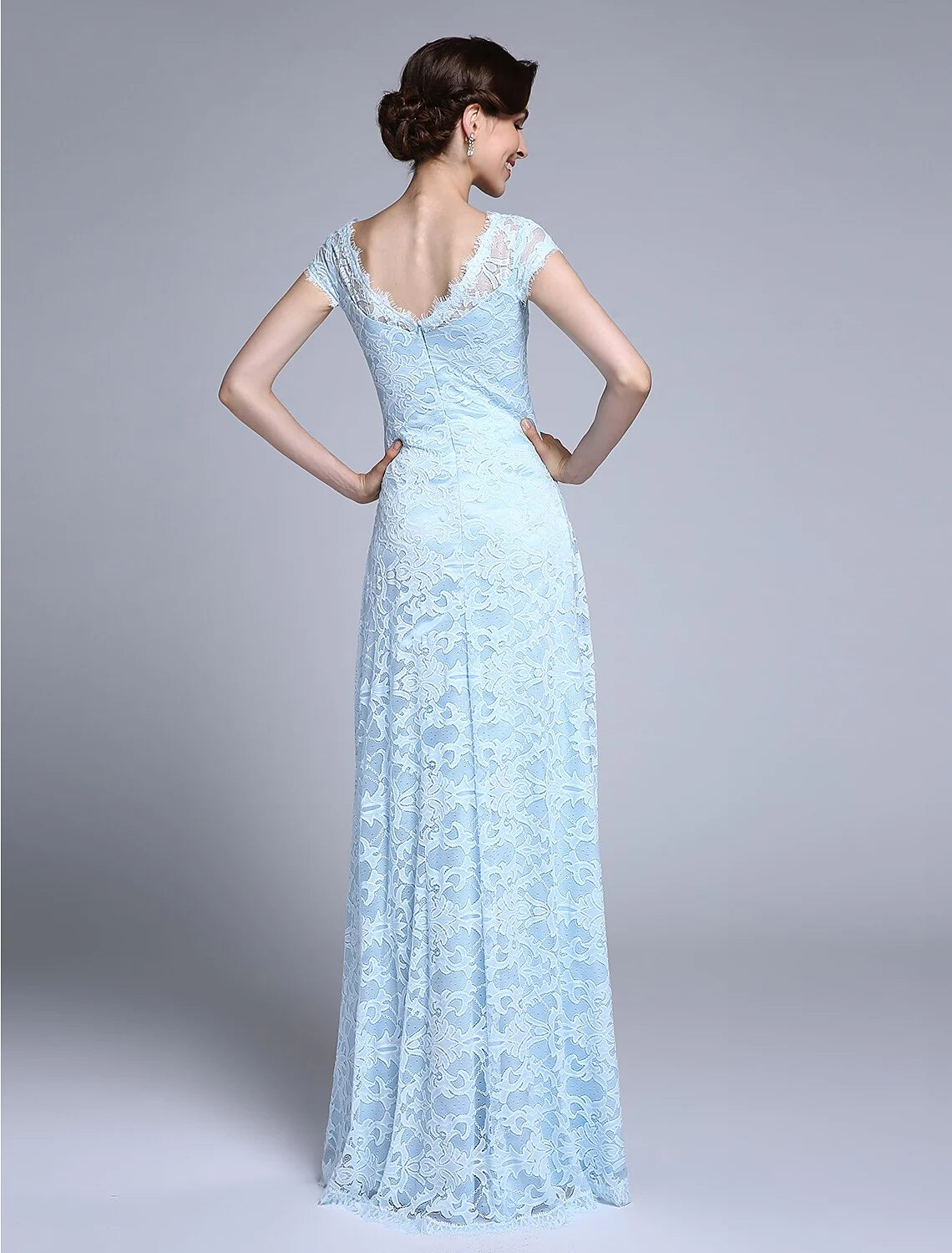 Wholesale Sheath / Column Mother of the Bride Dress Open Back Bateau Neck Floor Length Lace Short Sleeve No with Lace