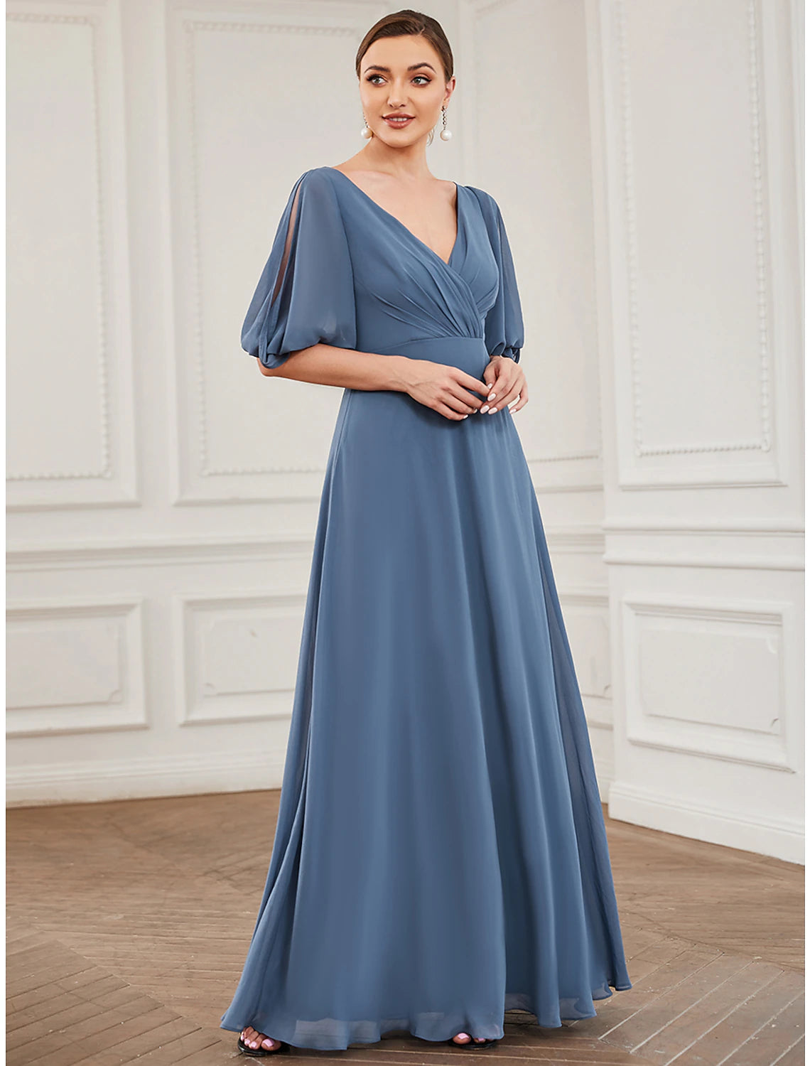 Wholesale  A-Line Evening Gown Minimalist Dress Wedding Guest Prom Floor Length Half Sleeve V Neck Chiffon with Pleats