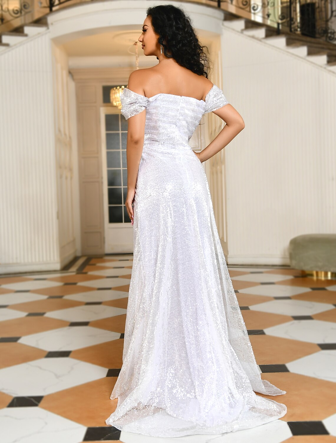 Wholesale  Sheath / Column Evening Gown Convertible Dress Prom Sweep / Brush Train Short Sleeve Off Shoulder Satin with Sequin