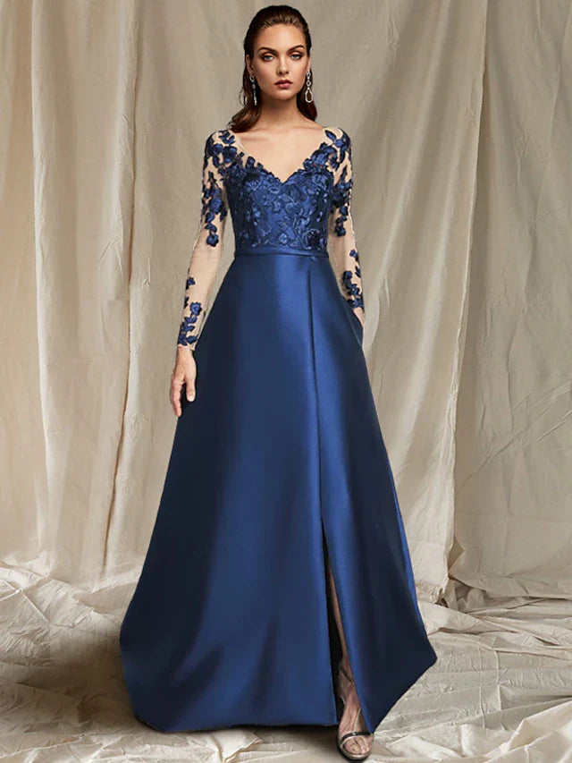 Wholesale A-Line Mother of the Bride Dress Plus Size Elegant V Neck Floor Length Satin Lace Tulle Long Sleeve with Appliques Split Front