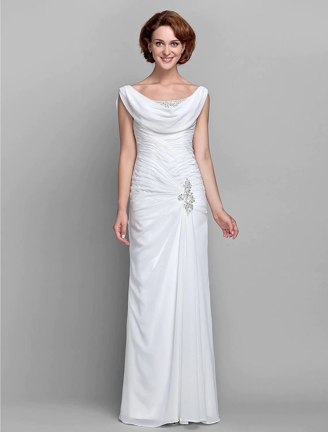 Wholesale Sheath / Column Mother of the Bride Dress Fall Wedding Guest Dresses Vintage Inspired Cowl Neck Floor Length Chiffon Sleeveless with Buttons Criss Cross Crystals