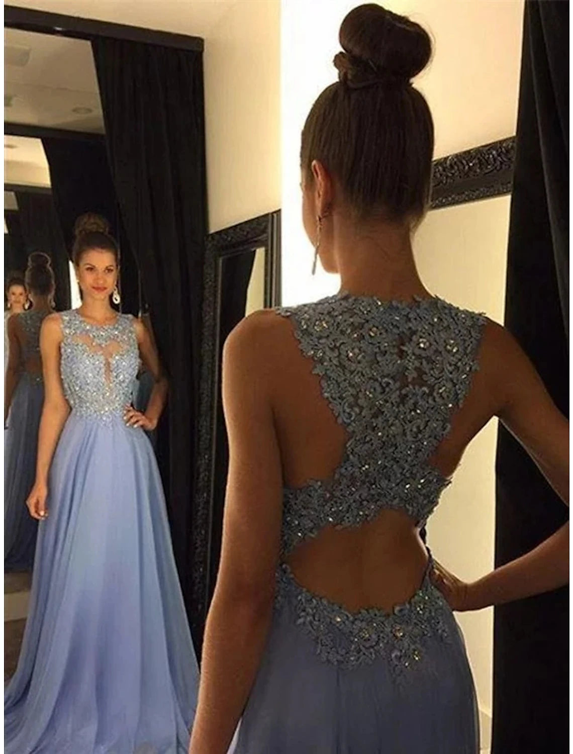 Wholesale  A-Line Empire Prom Formal Evening Dress Jewel Neck Sleeveless Sweep / Brush Train Chiffon with Beading Appliques