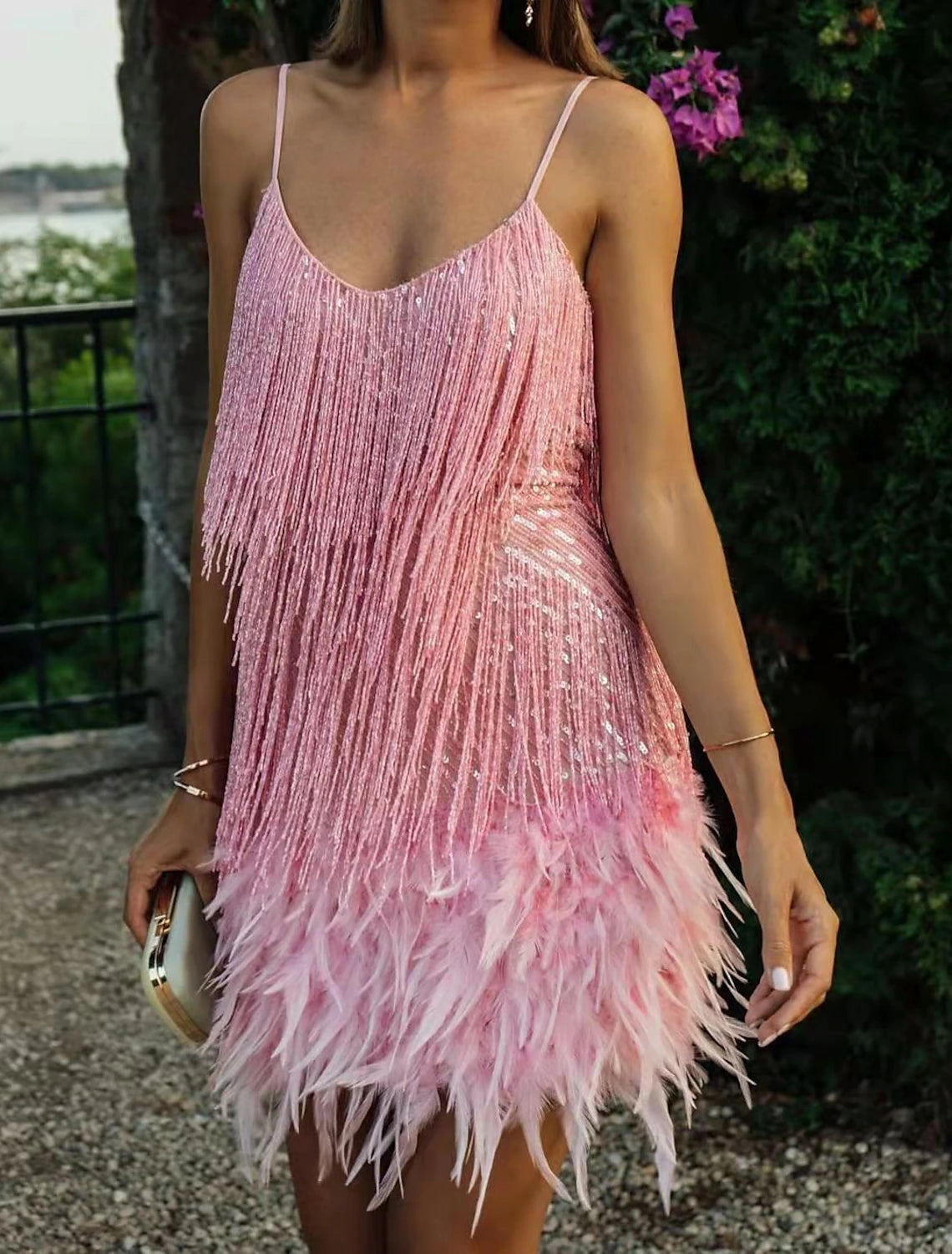 Wholesale A-Line Party Dresses Sparkle & Shine Dress Prom Wedding Party Short / Mini Sleeveless Spaghetti Strap Sequined with Feather Fringe Sequin