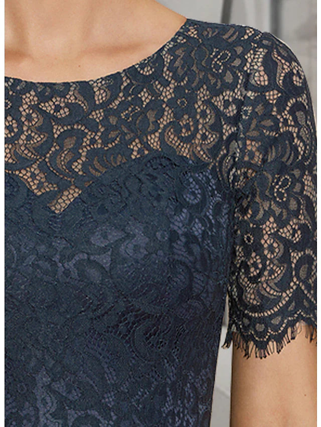 Wholesale A-Line Mother of the Bride Dress Wedding Guest Elegant High Low Jewel Neck Asymmetrical Tea Length Satin Lace Short Sleeve with Pleats