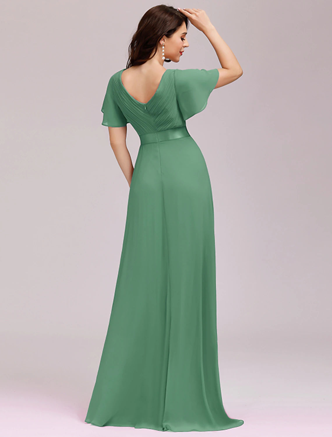 Wholesale A-Line Empire Fall Wedding Guest Dress For Bridesmaid Plus Size Formal Evening Dress V Neck Short Sleeve Floor Length Chiffon with Pleats Ruched