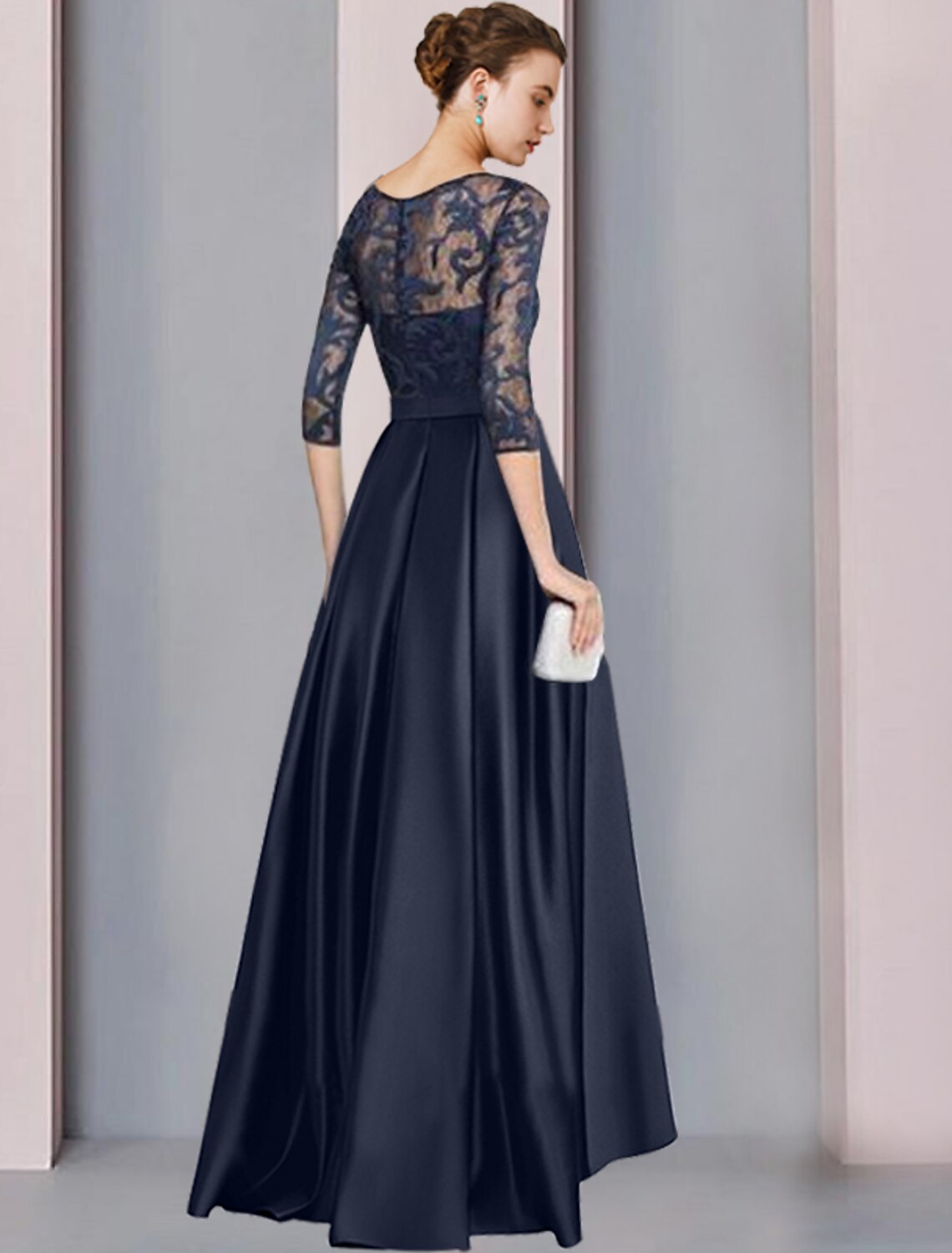 Wholesale  A-Line Mother of the Bride Dress Wedding Guest Elegant High Low Scoop Neck Asymmetrical Floor Length Satin Lace Half Sleeve with Bow(s) Pleats Appliques