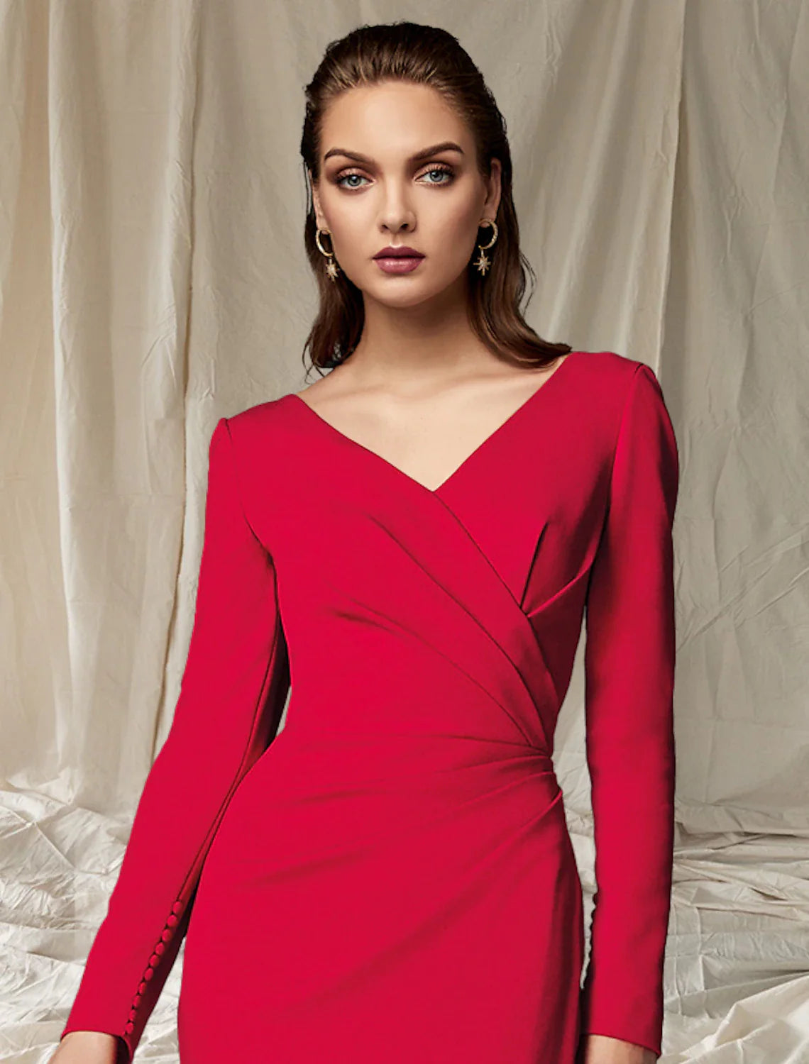 Wholesale Mermaid / Trumpet Mother of the Bride Dress Elegant V Neck Sweep / Brush Train Stretch Fabric Long Sleeve with Buttons Side-Draped