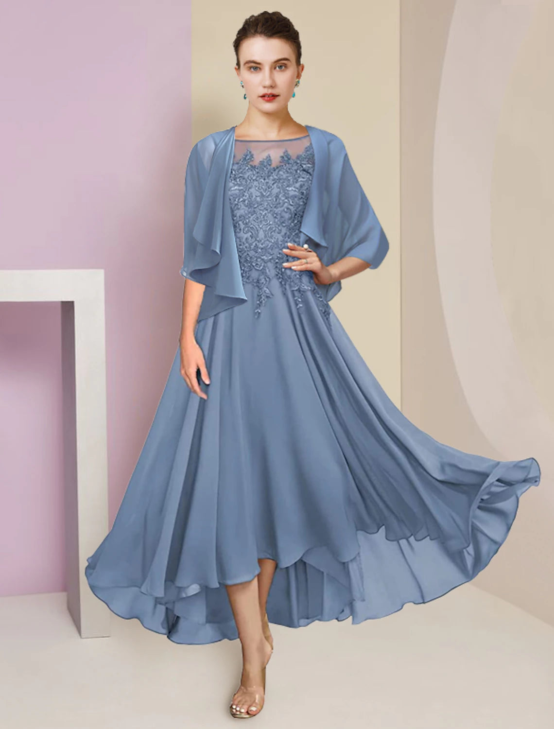 Wholesale  Two Piece A-Line Mother of the Bride Dress Formal Wedding Guest Elegant High Low Scoop Neck Asymmetrical Tea Length Chiffon Lace Short Sleeve Wrap Included with Sequin Appliques