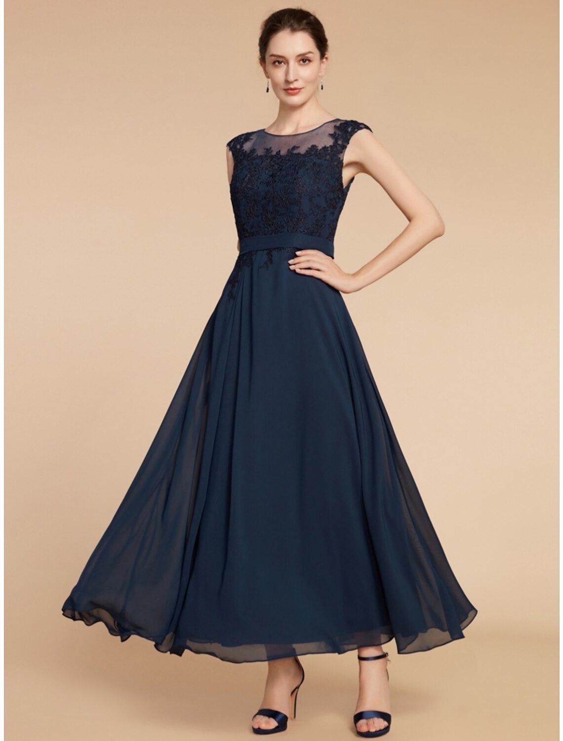 Wholesale A-Line Mother of the Bride Dress Wedding Guest Elegant Jewel Neck Ankle Length Chiffon Lace Long Sleeve with Ruching Solid Color