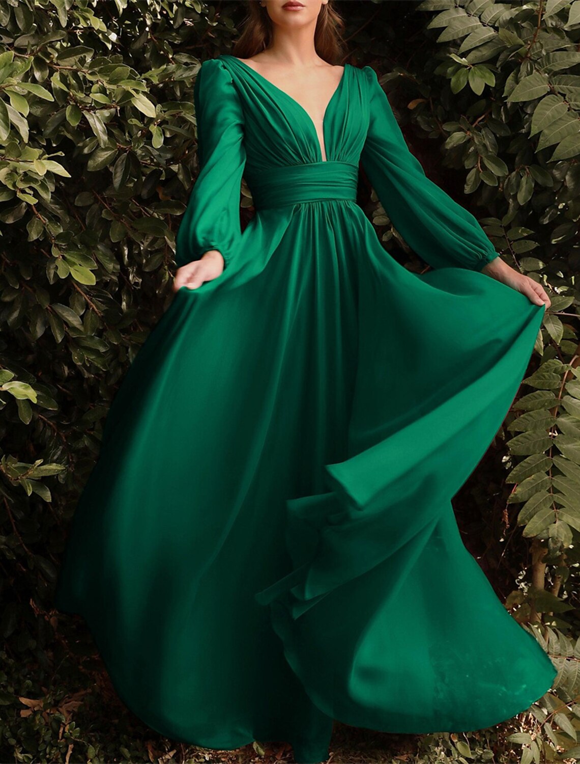 Wholesale A-Line Bridesmaid Dress V Neck Long Sleeve Blue Floor Length Chiffon with Ruching / Solid Color