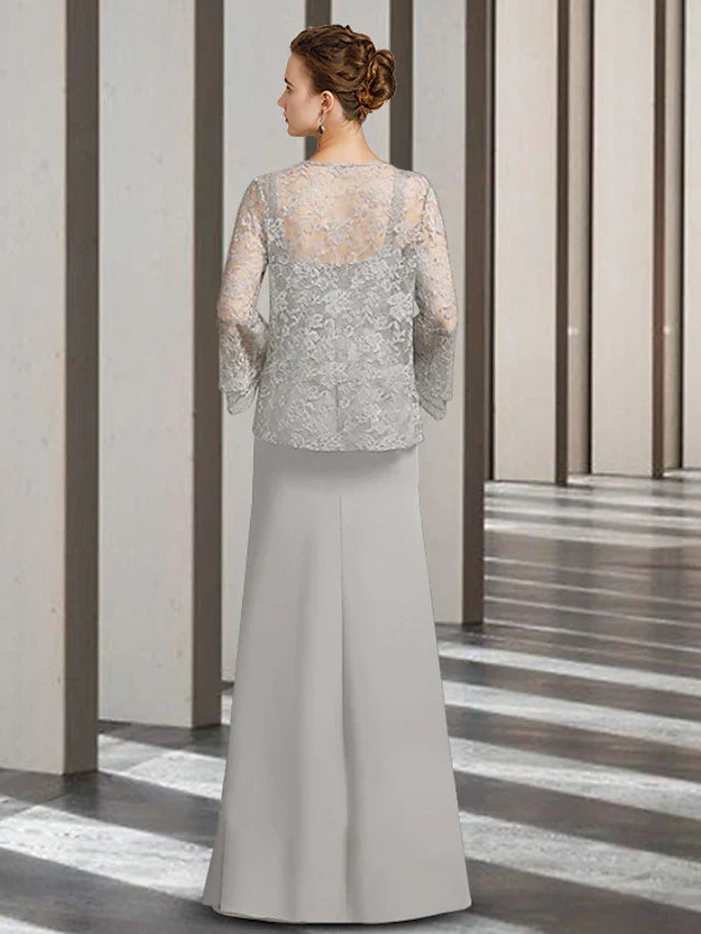 Wholesale Two Piece Sheath / Column Mother of the Bride Dress Elegant Scoop Neck Floor Length Chiffon Lace Sleeveless with Appliques