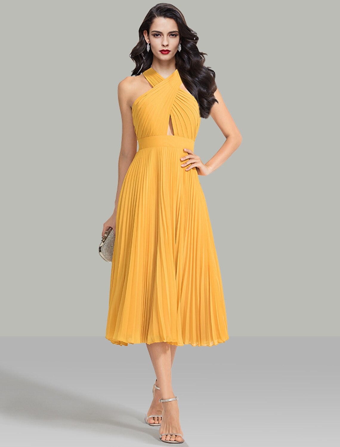 Wholesale A-Line Wedding Guest Dresses Elegant Dress Cocktail Party Wedding Party Tea Length Sleeveless Halter Neck Chiffon with Ruched