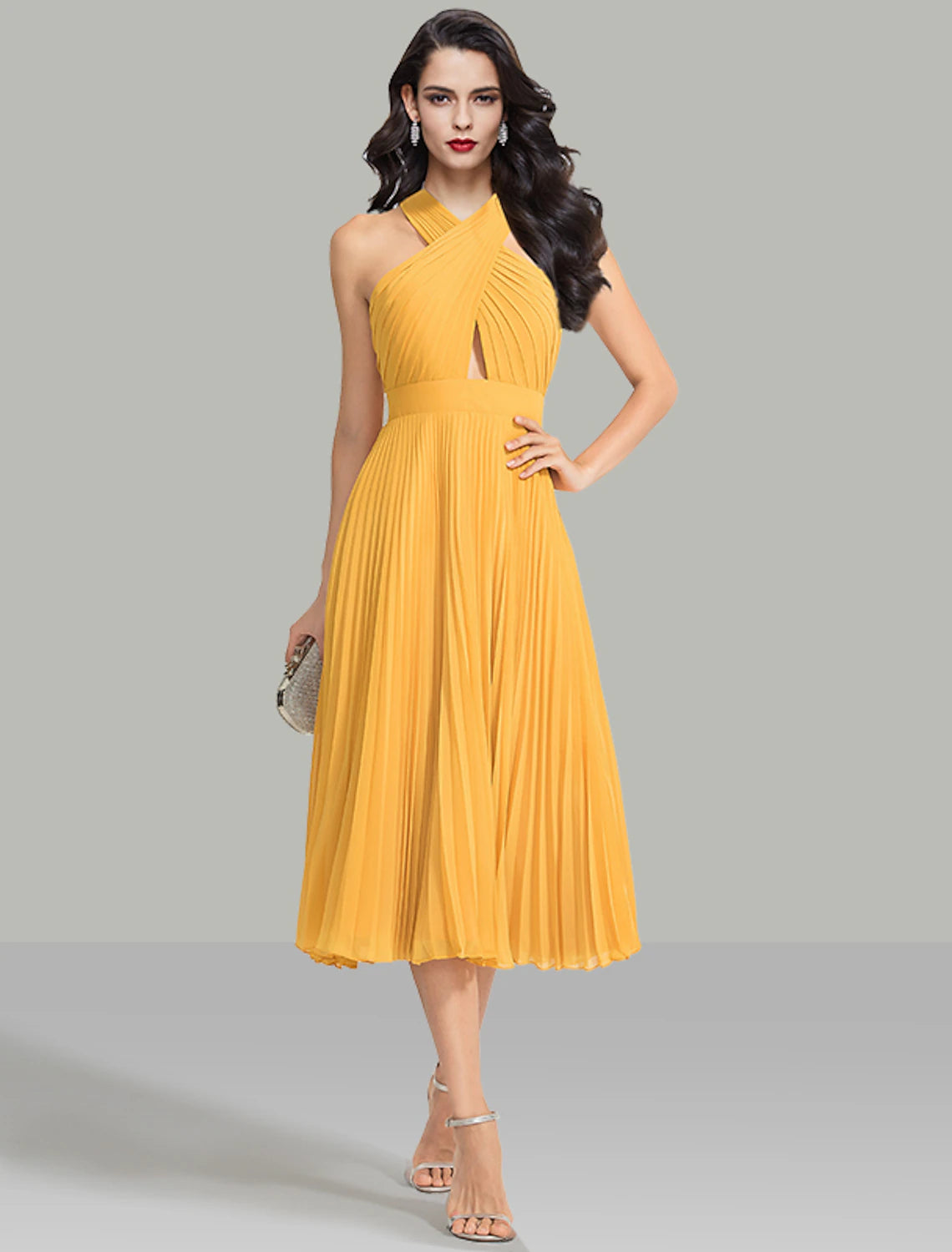 Wholesale A-Line Wedding Guest Dresses Elegant Dress Cocktail Party Tea Length Sleeveless Halter Chiffon with Ruched