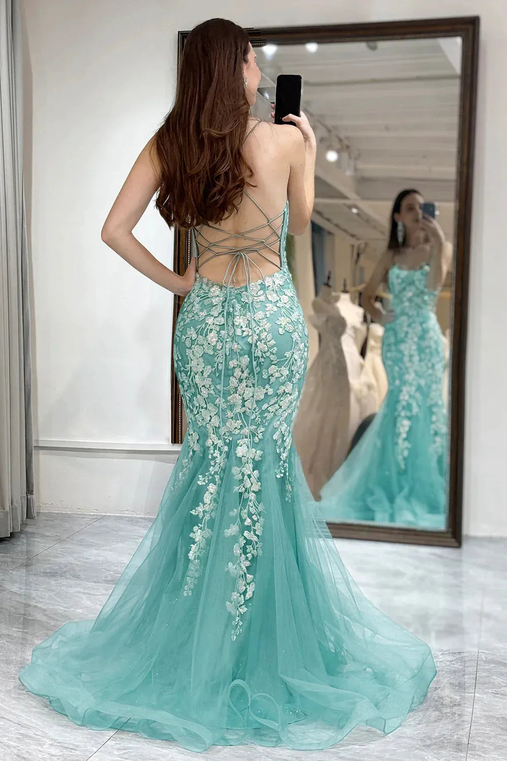Wholesale Light Green Mermaid Lace Up Back Long Corset Prom Dress With Appliques prom dresses with long sleeves
