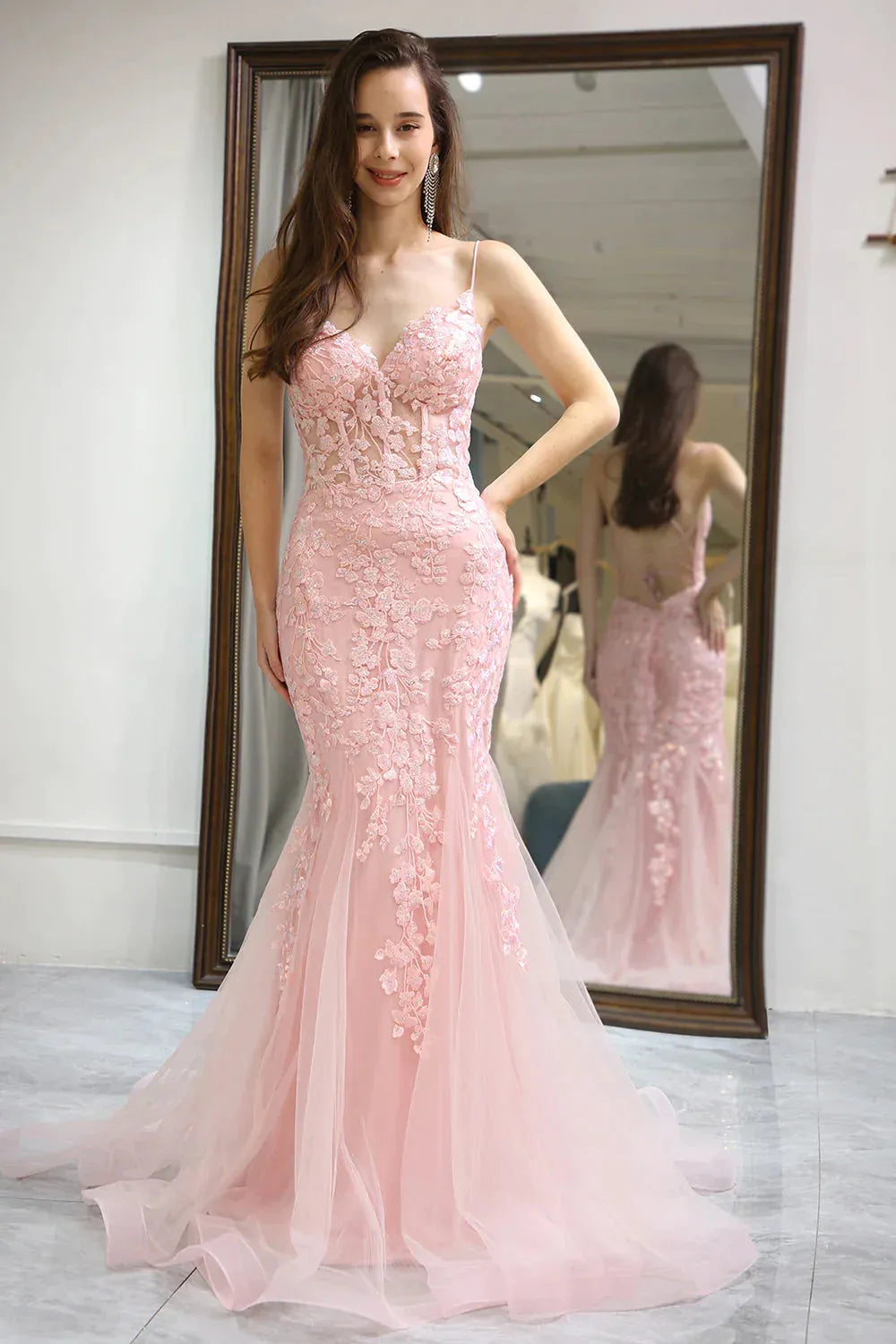 Wholesale Pink Mermaid Lace Up Back Long Corset Prom Dress With Appliques prom dresses with long sleeves