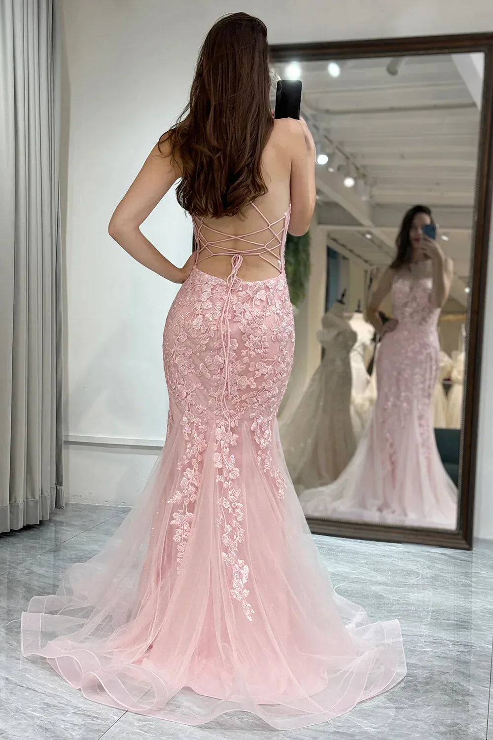Wholesale Pink Mermaid Lace Up Back Long Corset Prom Dress With Appliques prom dresses with long sleeves