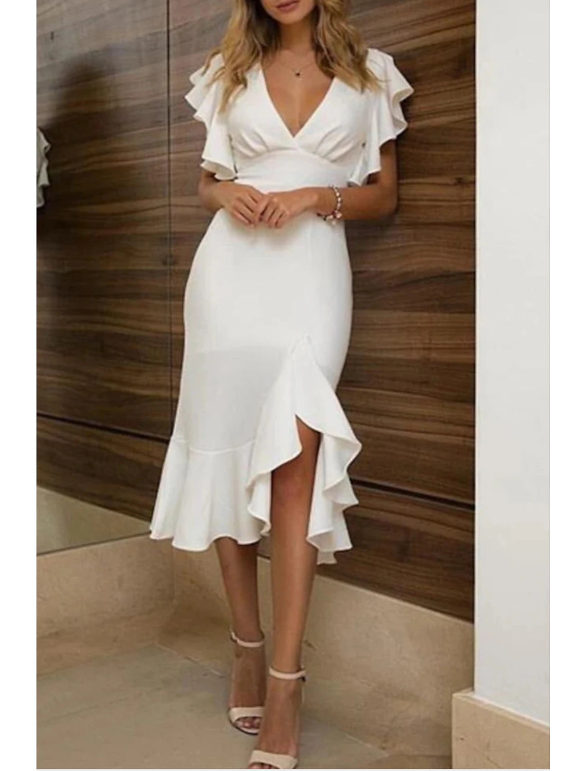 Wholesale Sheath / Column Cocktail Dresses Party Dress Wedding Guest Homecoming Asymmetrical Short Sleeve V Neck Polyester with Ruffles