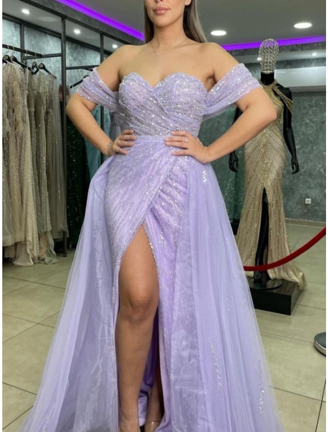 Wholesale Sheath / Column Prom Dresses Sparkle & Shine Dress Prom Wedding Party Sweep / Brush Train Short Sleeve Sweetheart Detachable Sequined with Slit Overskirt