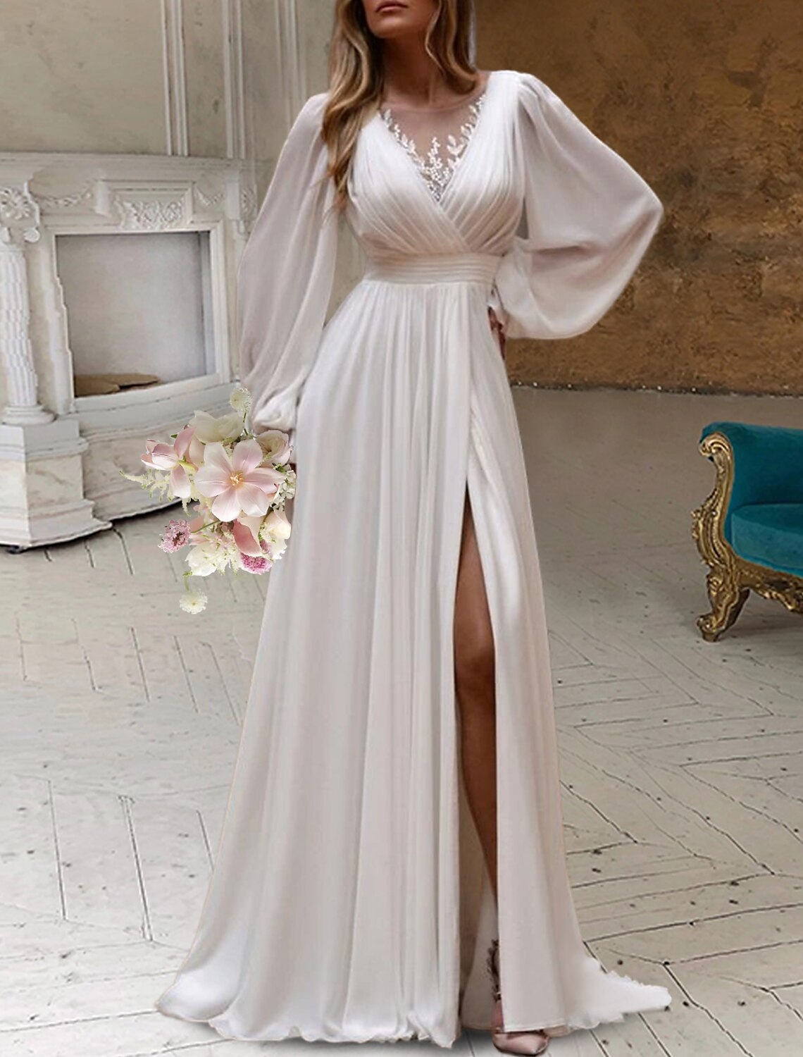 Wholesale Bridal Shower Little White Dresses Wedding Dresses A-Line Scoop Neck Long Sleeve Sweep / Brush Train Chiffon Bridal Gowns With Pleats Appliques
