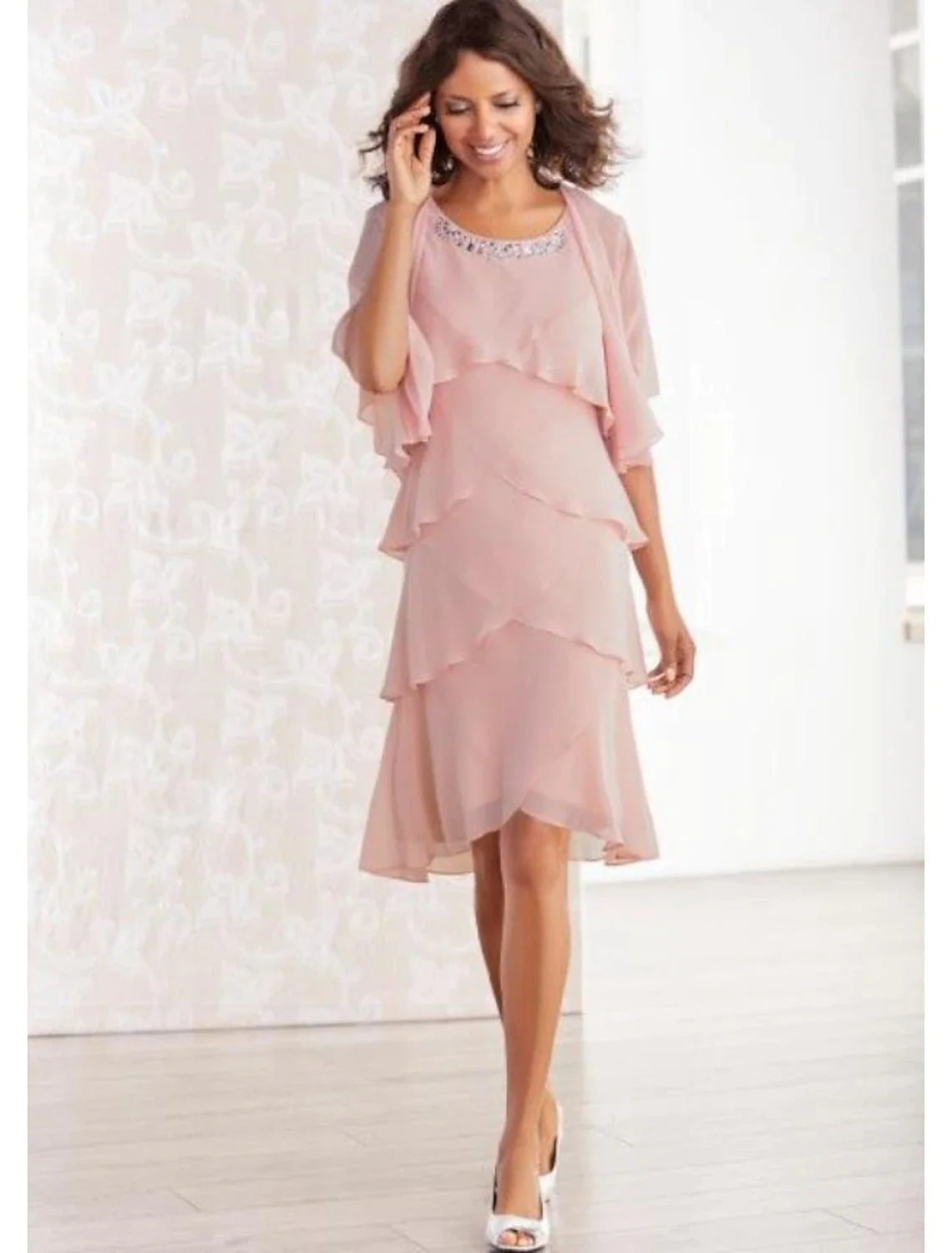 Wholesale Two Piece Sheath / Column Mother of the Bride Dress Formal Fall Wedding Guest Elegant High Low Scoop Neck Asymmetrical Knee Length Chiffon Sleeveless Wrap Included with Tier