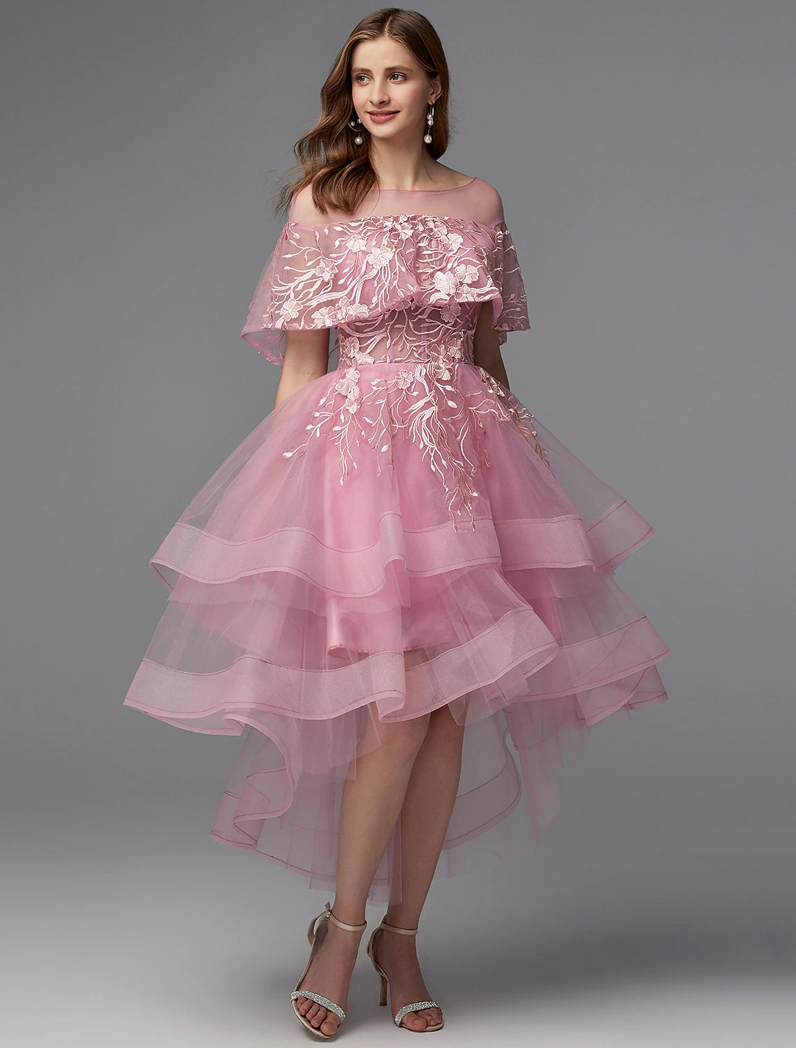 Wholesale  A-Line Elegant Dress Holiday Wedding Guest Asymmetrical Sleeveless Illusion Neck Lace Tie Back with Lace Insert