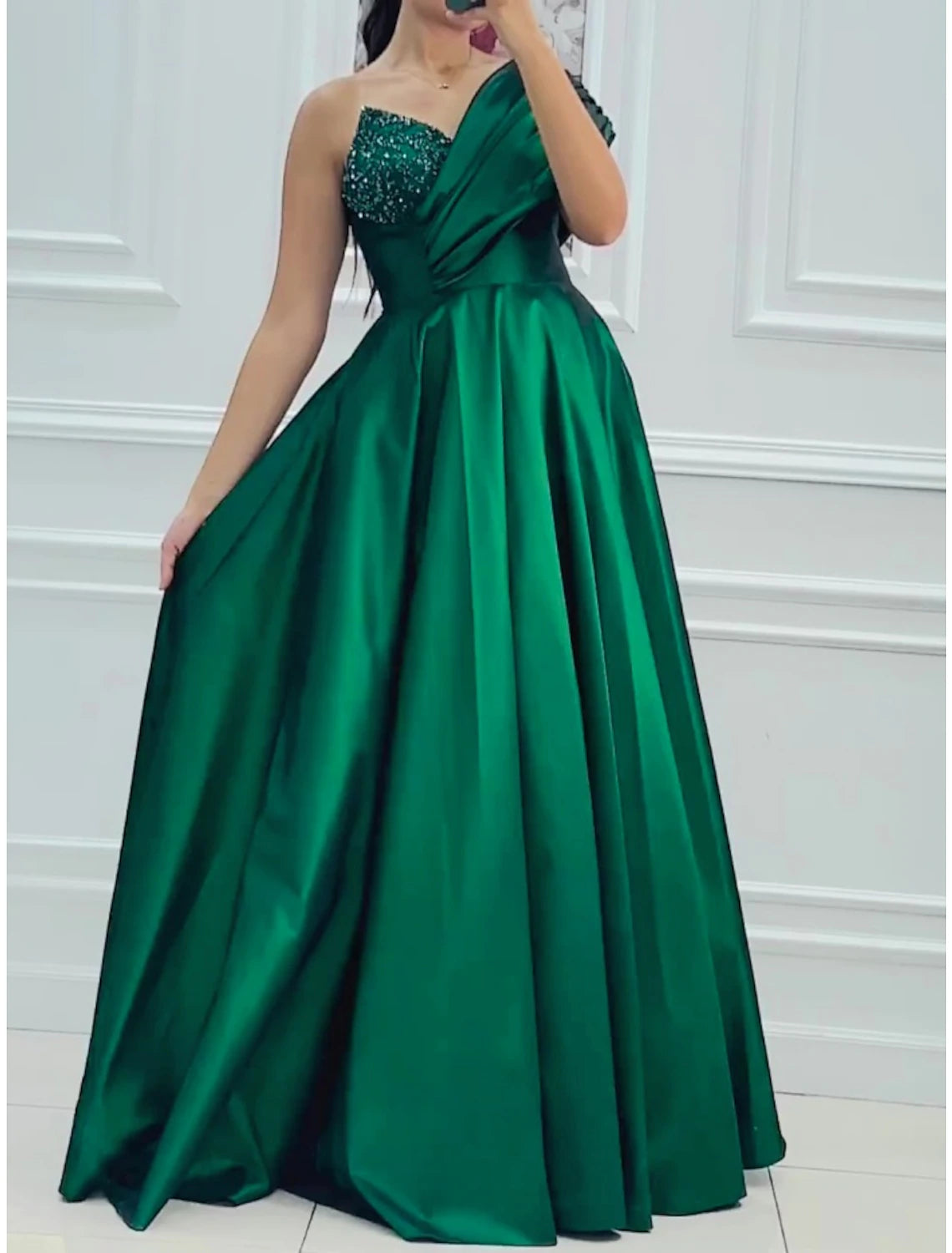 Wholesale A-Line Evening Gown Elegant Dress Formal Floor Length Christmas Red Green Dress Short Sleeve One Shoulder Satin with Pleats Ruched Sequin