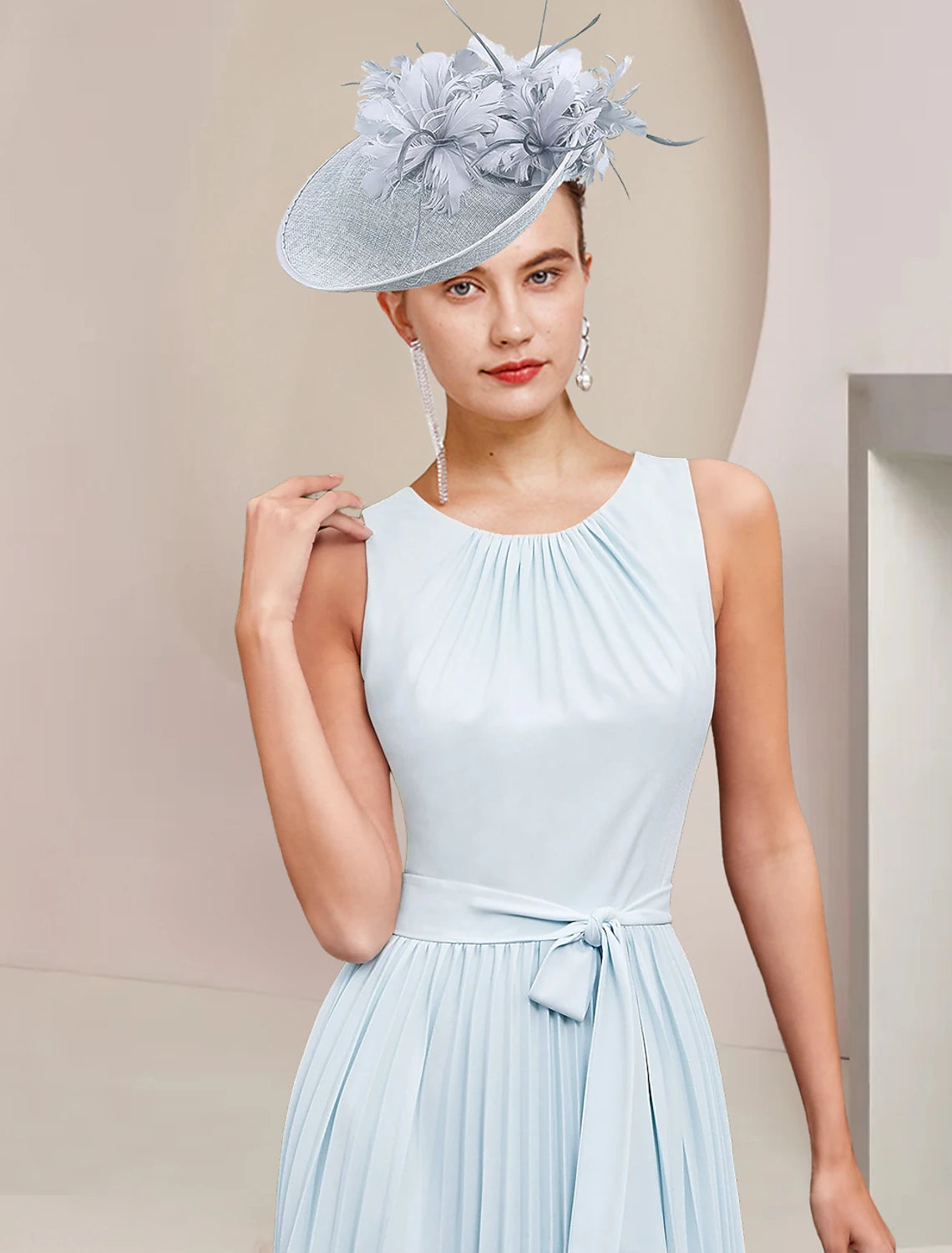 Wholesale  Two Piece A-Line Mother of the Bride Dress Wedding Guest Party Vintage Elegant Scoop Neck Tea Length Chiffon Sleeveless Wrap Included with Bow(s) Pleats