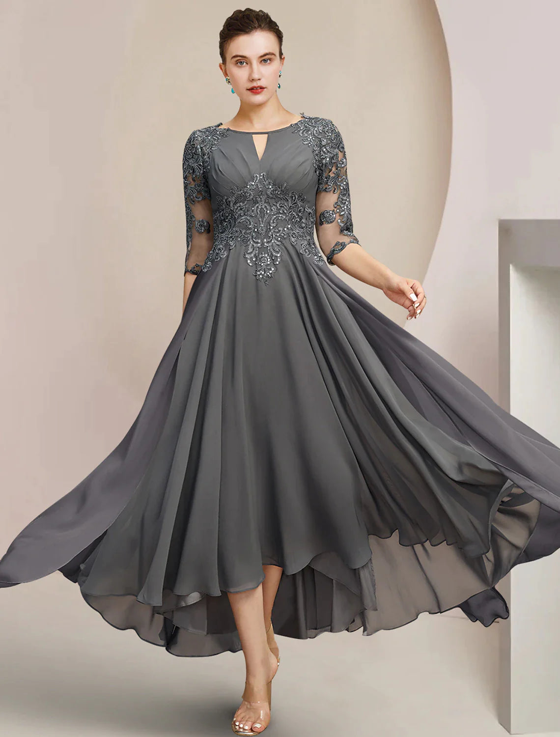 Wholesale A-Line Mother of the Bride Dress Formal Wedding Guest Elegant High Low Scoop Neck Tea Length Chiffon Lace Half Sleeve with Sequin Appliques