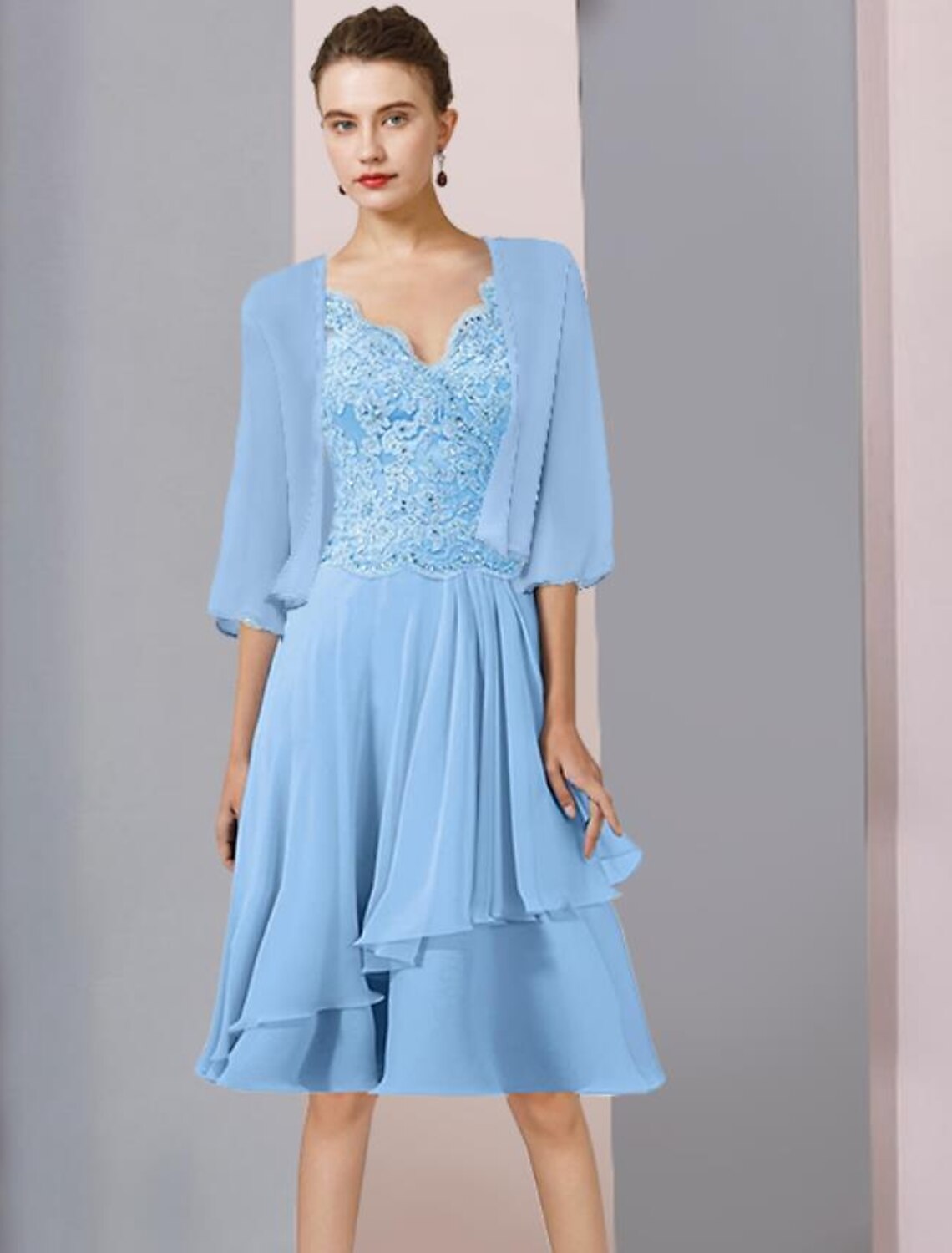 Wholesale  Two Piece A-Line Mother of the Bride Dress Formal Wedding Guest Elegant V Neck Knee Length Chiffon Lace 3/4 Length Sleeve Wrap Included with Beading Sequin Appliques
