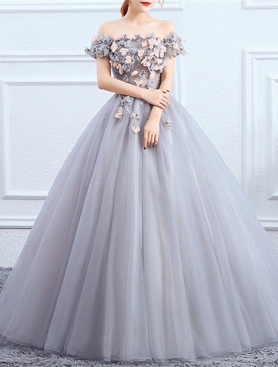 Wholesale Ball Gown Quinceanera Dresses Princess Dress Performance Sweet 16 Floor Length Short Sleeve Off Shoulder Polyester with Appliques