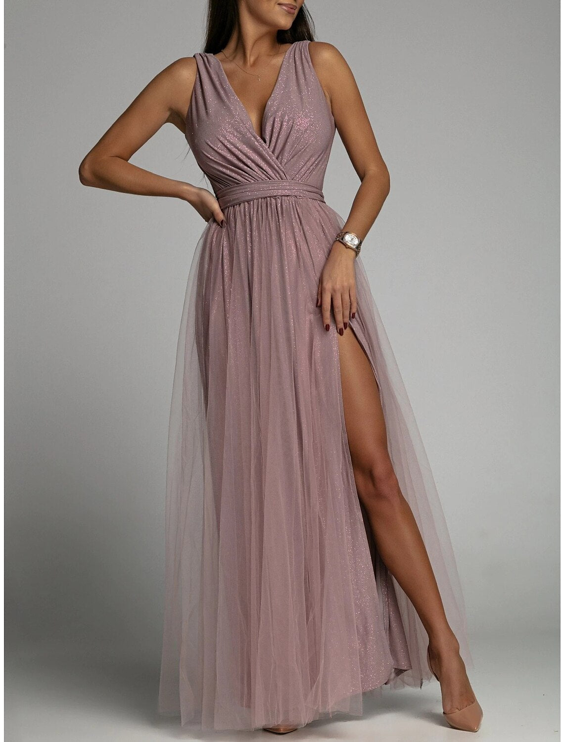 Wholesale A-Line Party Dresses Sexy Dress Wedding Guest Prom Floor Length Sleeveless V Neck Polyester with Ruched Slit