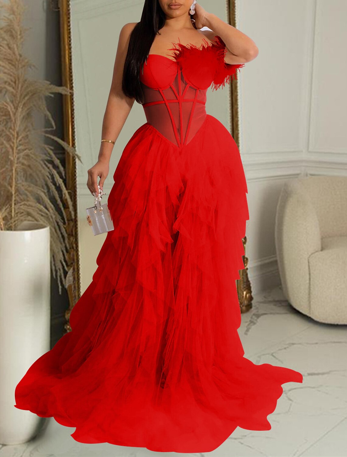 Wholesale A-Line Party Dresses Corsets Dress Prom Wedding Party Court Train Sleeveless One Shoulder Tulle with Feather