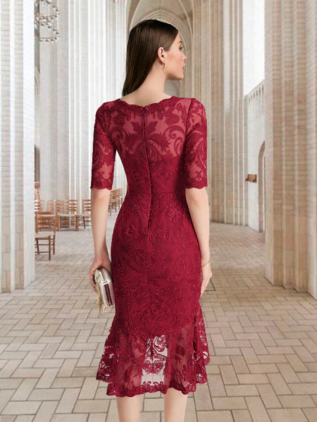 Wholesale Mermaid / Trumpet Mother of the Bride Dress Vintage Elegant High Low Square Neck Asymmetrical Tea Length Lace Half Sleeve with Ruffles Appliques