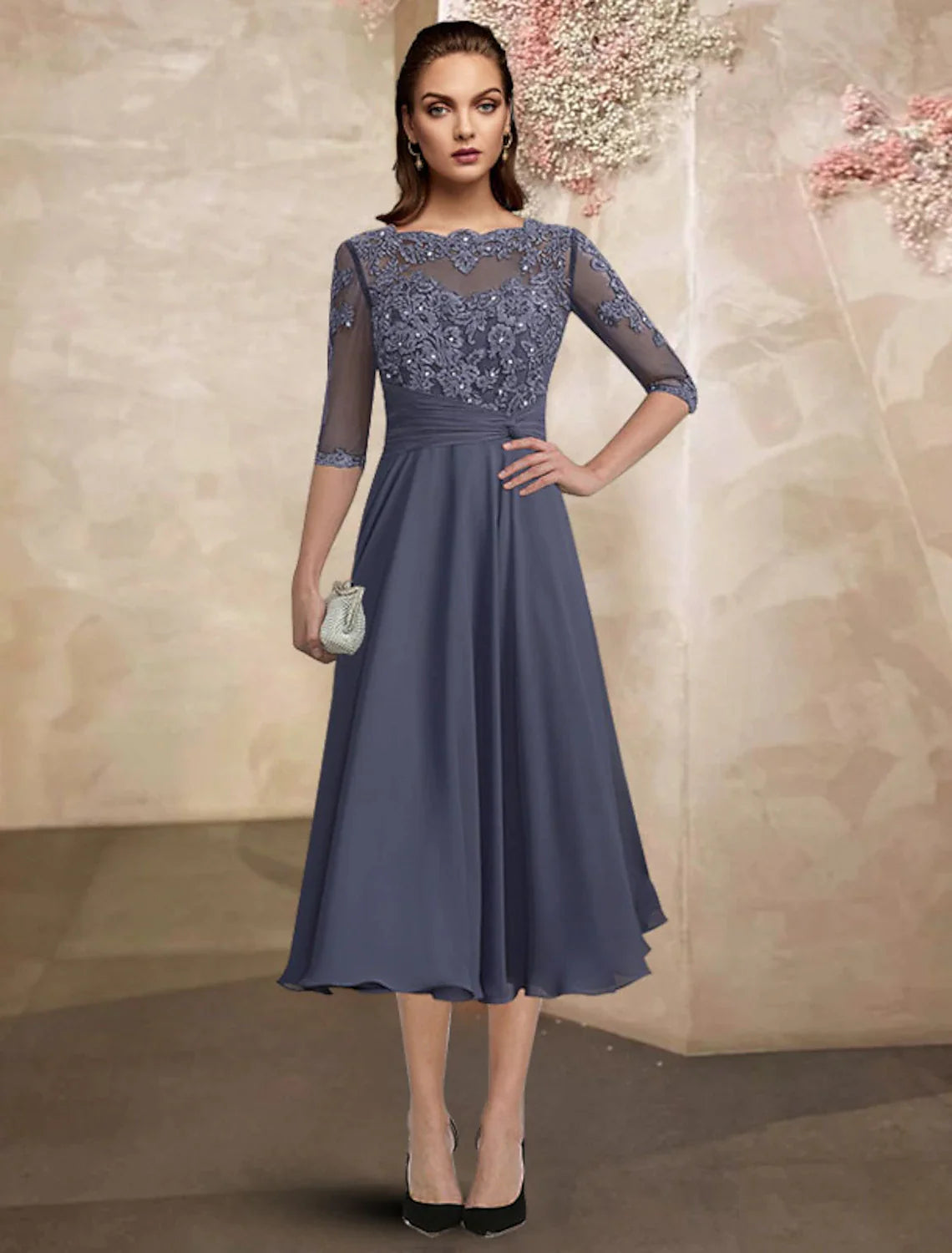Wholesale A-Line Mother of the Bride Dress Wedding Guest Plus Size Elegant Jewel Neck Tea Length Chiffon Lace Half Sleeve with Ruched Beading Appliques Fall