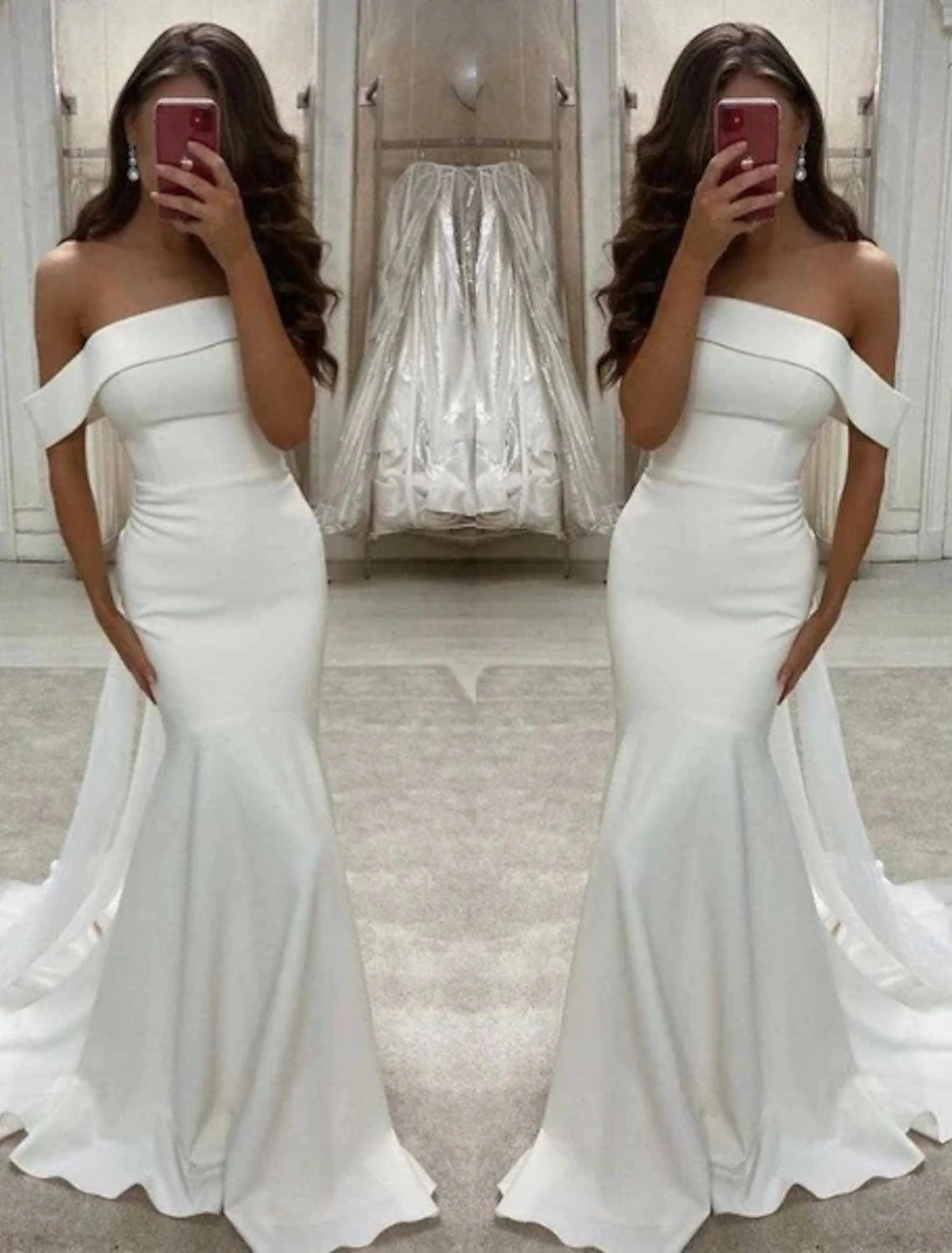 Wholesale  Reception Sexy Wedding Dresses Mermaid / Trumpet Off Shoulder Cap Sleeve Sweep / Brush Train Stretch Fabric Bridal Gowns With Solid