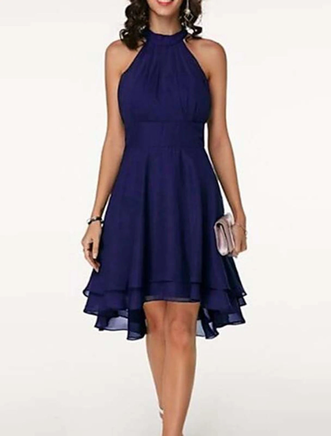 Wholesale A-Line Party Dresses Casual Dress Wedding Guest Summer Knee Length Sleeveless Halter Neck Chiffon V Back with Ruffles