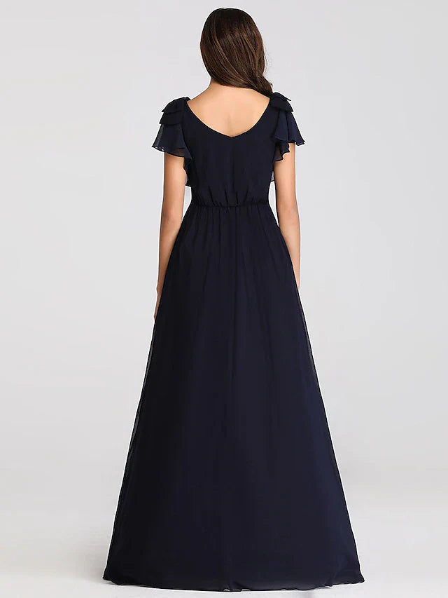 Wholesale A-Line Mother of the Bride Dress Plus Size V Neck Floor Length Chiffon Short Sleeve with Ruffles Ruching