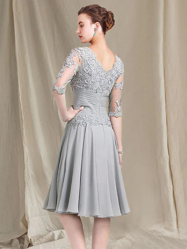 Wholesale A-Line Mother of the Bride Dress Elegant Square Neck Knee Length Chiffon Lace Half Sleeve with Ruched Appliques